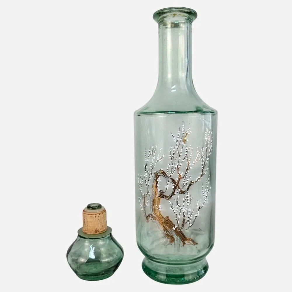 1960s MCM Art Glass Decanter Painted Blossom Branch